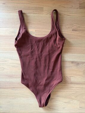 aerie Crinkle Ribbed Scoop neck One-Piece Bodysuit in Rust Brown